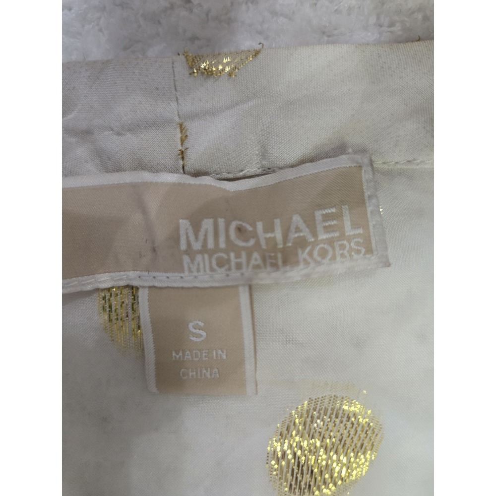 Michael Kors Cream Gold Dot Silk Blend Tie Neck Smock Blouse Top Sheer‎ small S - Picture 9 of 10